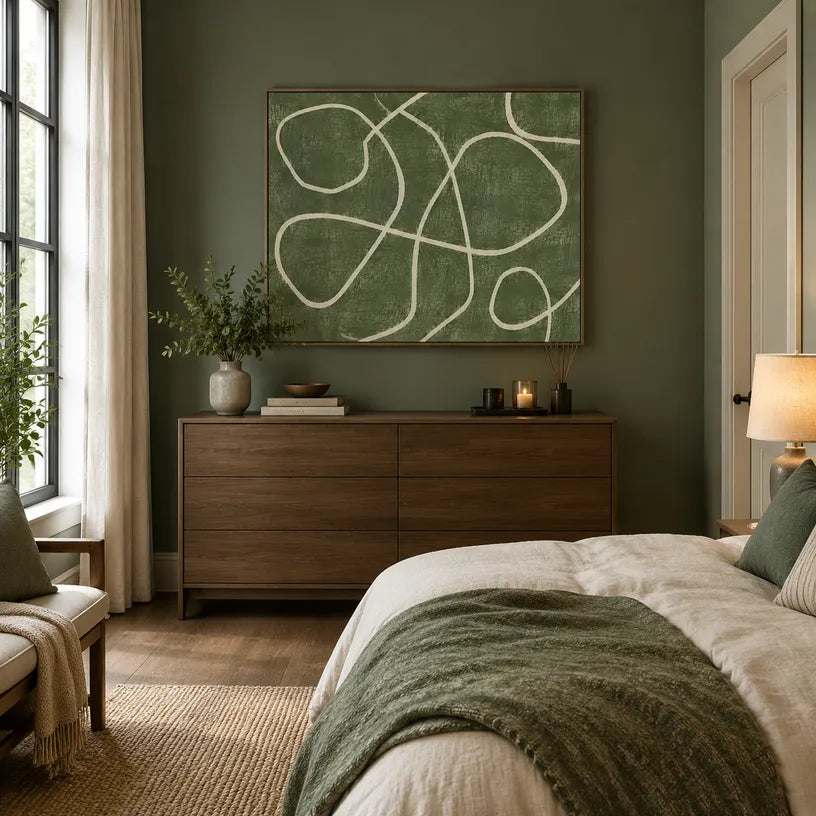 Wabi-Sabi abstract oil painting showing layered abstract marks, texture and expressive painterly movement in a green palette.