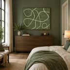 Wabi-Sabi abstract oil painting showing layered abstract marks, texture and expressive painterly movement in a green palette.