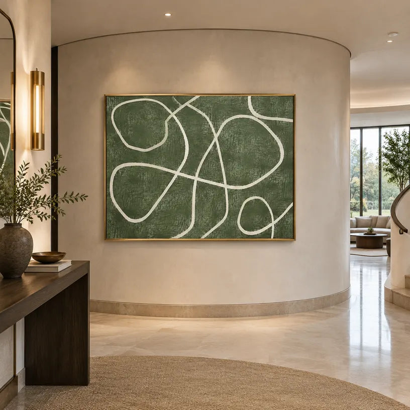 Wabi-Sabi abstract oil painting showing layered abstract marks, texture and expressive painterly movement in a green palette.