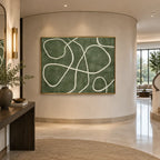 Wabi-Sabi abstract oil painting showing layered abstract marks, texture and expressive painterly movement in a green palette.