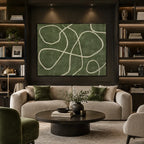 Wabi-Sabi abstract oil painting showing layered abstract marks, texture and expressive painterly movement in a green palette.
