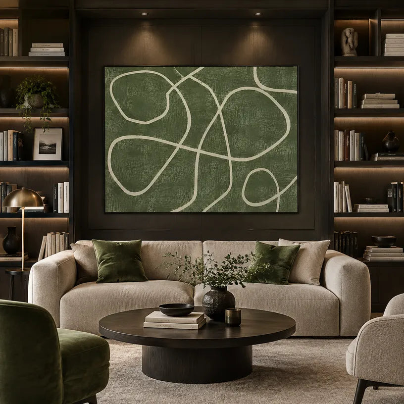 Wabi-Sabi abstract oil painting showing layered abstract marks, texture and expressive painterly movement in a green palette.