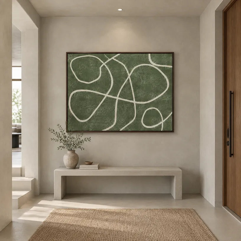 Wabi-Sabi abstract oil painting showing layered abstract marks, texture and expressive painterly movement in a green palette.
