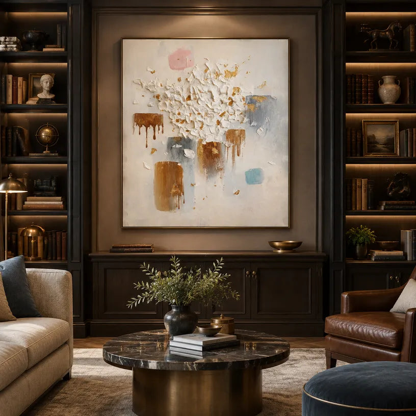 Wabi-Sabi abstract oil painting showing layered abstract marks, texture and expressive painterly movement.