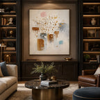 Wabi-Sabi abstract oil painting showing layered abstract marks, texture and expressive painterly movement.