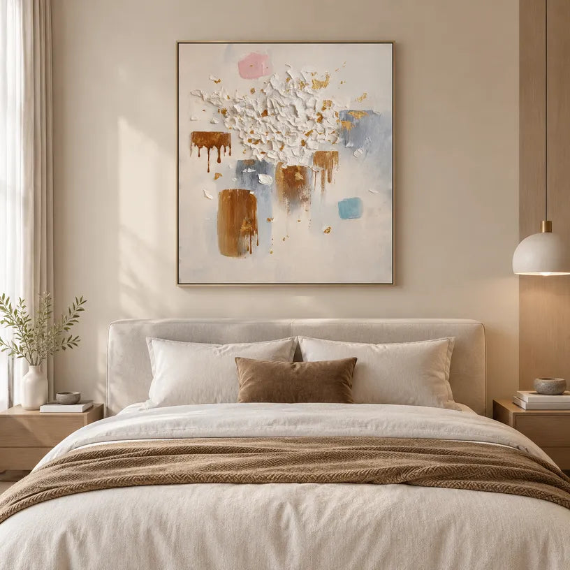 Wabi-Sabi abstract oil painting showing layered abstract marks, texture and expressive painterly movement.