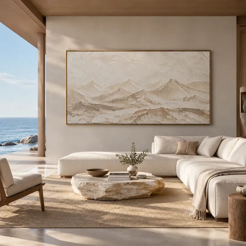 Wabi-Sabi abstract oil painting showing layered abstract marks, texture and expressive painterly movement in a beige palette.