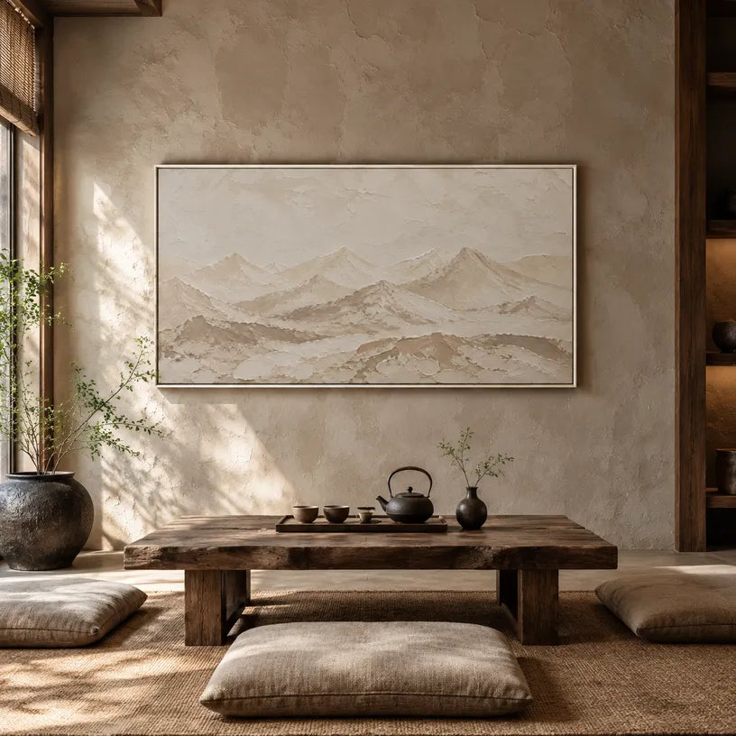Wabi-Sabi abstract oil painting showing layered abstract marks, texture and expressive painterly movement in a beige palette.