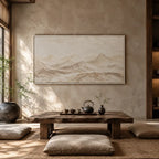 Wabi-Sabi abstract oil painting showing layered abstract marks, texture and expressive painterly movement in a beige palette.