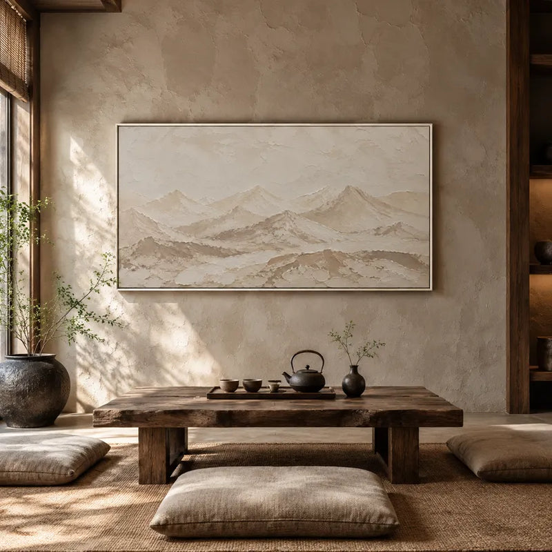 Dipinto a olio Wabi-Sabi con paesaggi, paesaggi marini e paesaggi urbani, caratterizzato da un paesaggio atmosferico, un paesaggio marino o una composizione ispirata alla città in una tavolozza beige.
