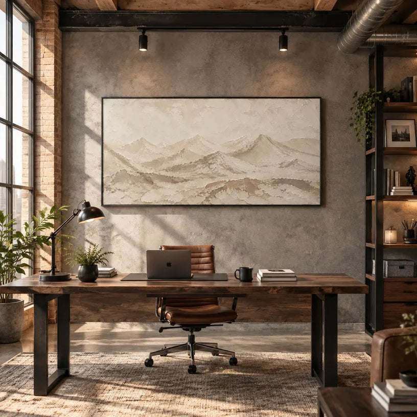 Wabi-Sabi abstract oil painting showing layered abstract marks, texture and expressive painterly movement in a beige palette.