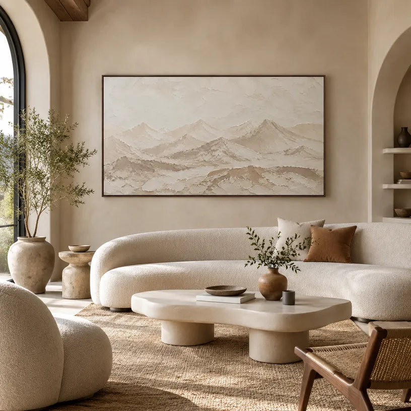 Wabi-Sabi abstract oil painting showing layered abstract marks, texture and expressive painterly movement in a beige palette.