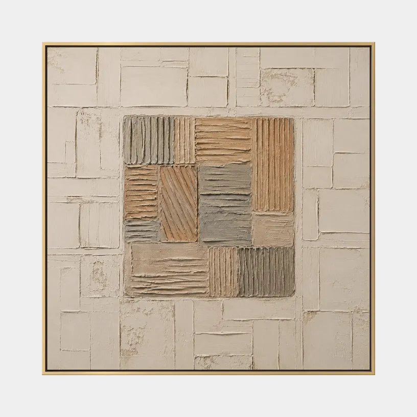 Wabi-Sabi abstract oil painting showing layered abstract marks, texture and expressive painterly movement in a beige palette.