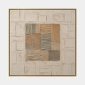 Abstraktes und konzeptuelles Ölgemälde von Wabi-Sabi mit geschichteten abstrakten Zeichen, Textur und ausdrucksstarker malerischer Bewegung in einer Beige-Palette.