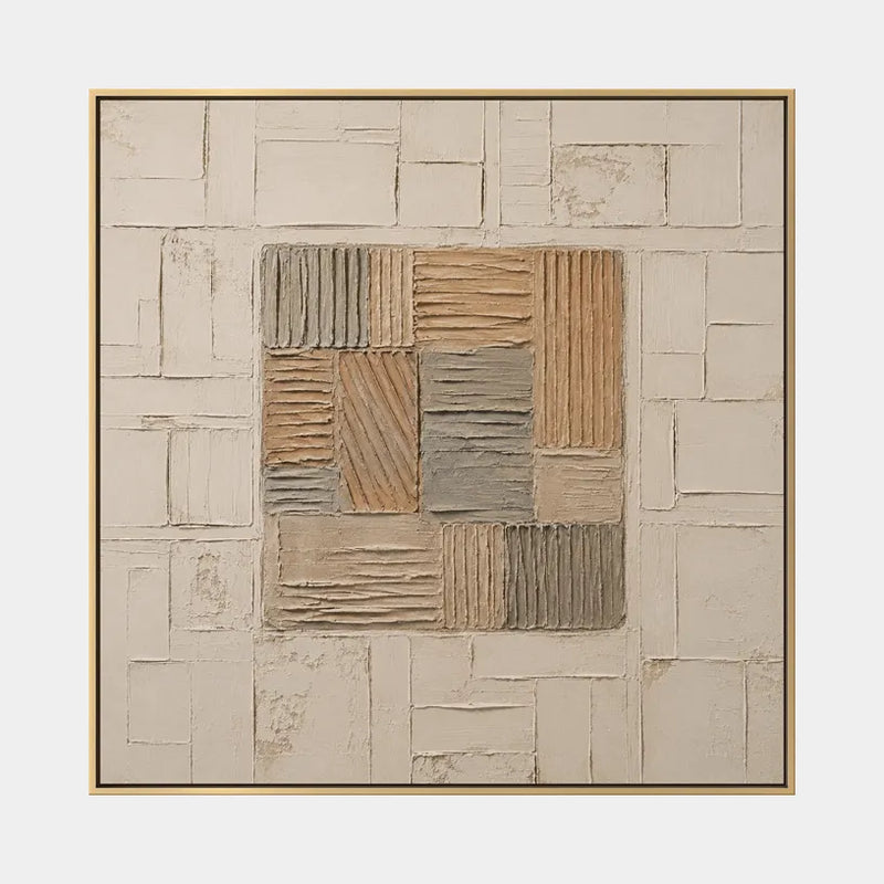 Abstraktes und konzeptuelles Ölgemälde von Wabi-Sabi mit geschichteten abstrakten Zeichen, Textur und ausdrucksstarker malerischer Bewegung in einer Beige-Palette.