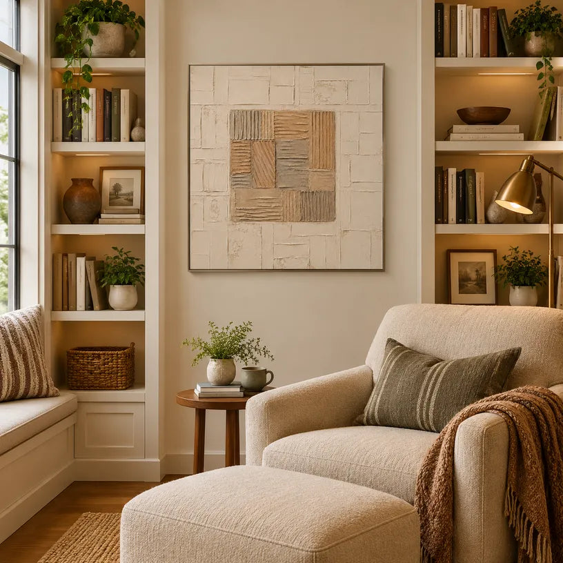 Wabi-Sabi abstract oil painting showing layered abstract marks, texture and expressive painterly movement in a beige palette.
