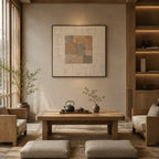 Wabi-Sabi abstract oil painting showing layered abstract marks, texture and expressive painterly movement in a beige palette.