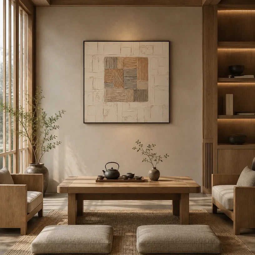 Wabi-Sabi abstract oil painting showing layered abstract marks, texture and expressive painterly movement in a beige palette.