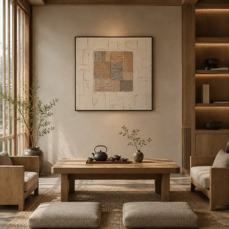 Abstraktes und konzeptuelles Ölgemälde von Wabi-Sabi mit geschichteten abstrakten Zeichen, Textur und ausdrucksstarker malerischer Bewegung in einer Beige-Palette.