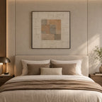 Wabi-Sabi abstract oil painting showing layered abstract marks, texture and expressive painterly movement in a beige palette.