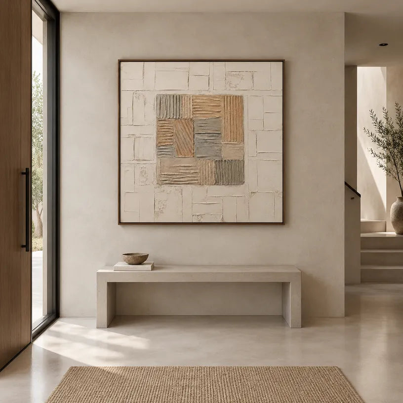 Wabi-Sabi abstract oil painting showing layered abstract marks, texture and expressive painterly movement in a beige palette.
