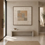 Wabi-Sabi abstract oil painting showing layered abstract marks, texture and expressive painterly movement in a beige palette.