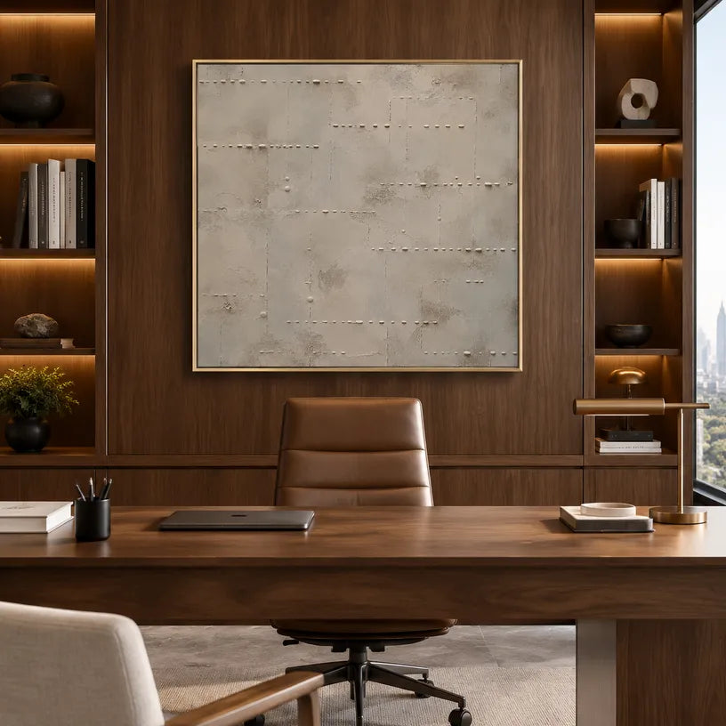 Wabi-Sabi abstract oil painting showing layered abstract marks, texture and expressive painterly movement in a brown palette.