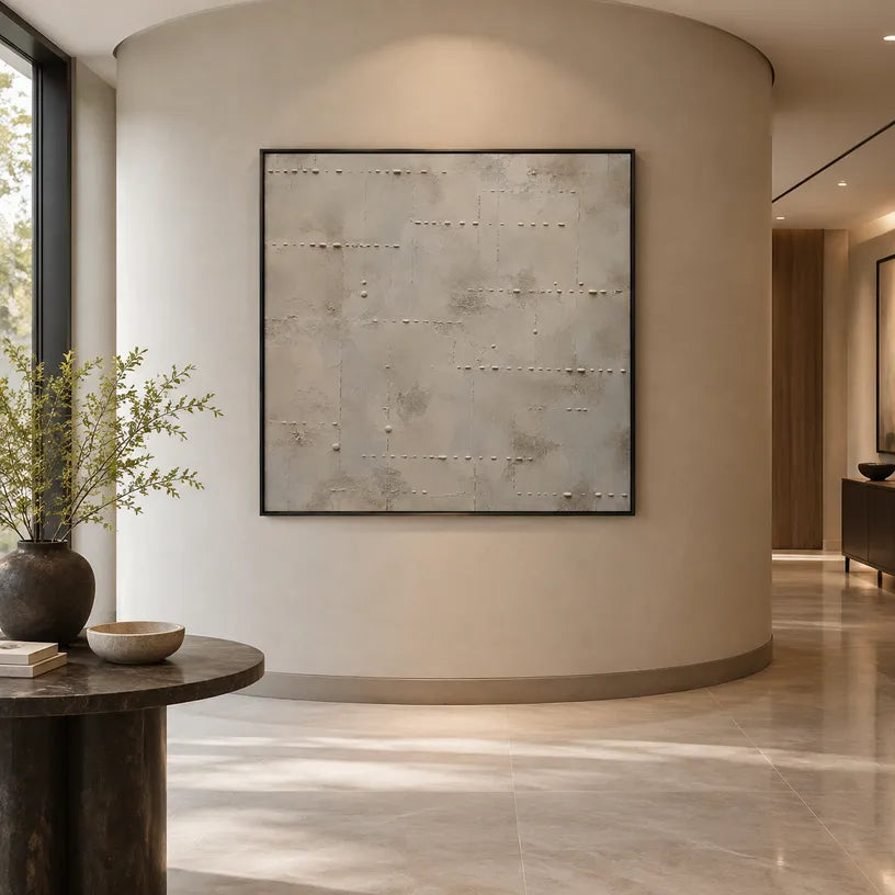 Wabi-Sabi abstract oil painting showing layered abstract marks, texture and expressive painterly movement in a brown palette.
