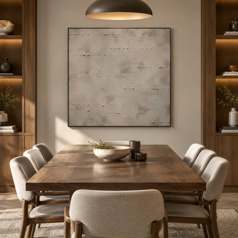 Wabi-Sabi abstract oil painting showing layered abstract marks, texture and expressive painterly movement in a brown palette.