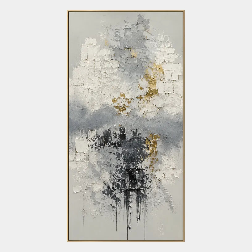 Wabi-Sabi abstract oil painting showing layered abstract marks, texture and expressive painterly movement in a grey palette.