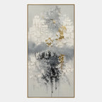 Wabi-Sabi abstract oil painting showing layered abstract marks, texture and expressive painterly movement in a grey palette.