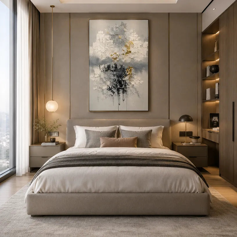 Wabi-Sabi abstract oil painting showing layered abstract marks, texture and expressive painterly movement in a grey palette.