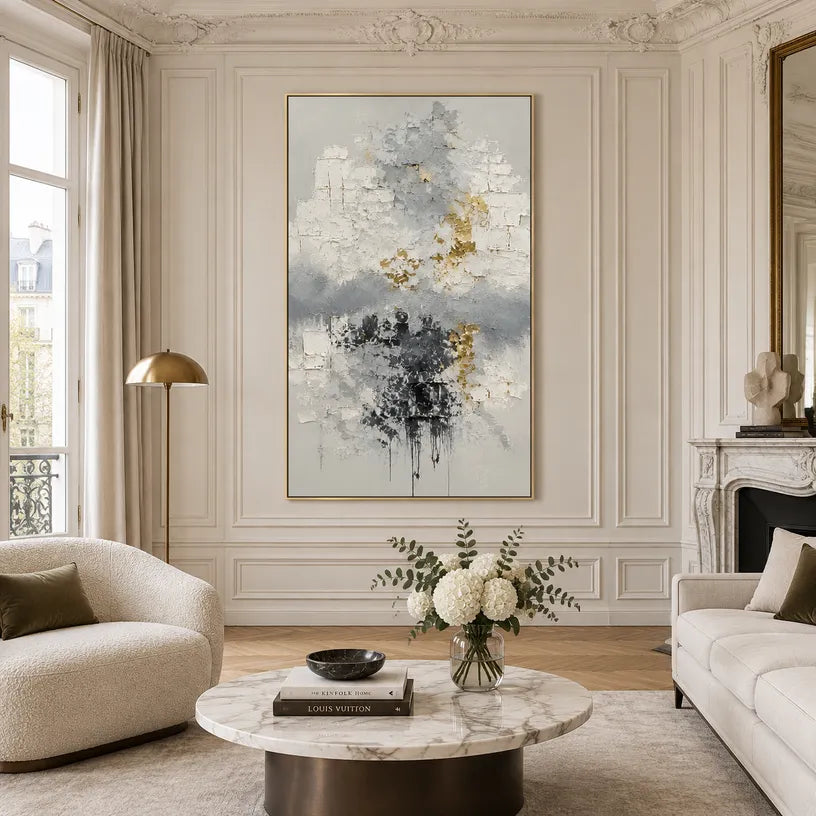Wabi-Sabi abstract oil painting showing layered abstract marks, texture and expressive painterly movement in a grey palette.