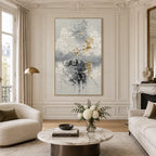 Wabi-Sabi abstract oil painting showing layered abstract marks, texture and expressive painterly movement in a grey palette.