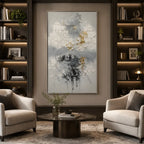 Wabi-Sabi abstract oil painting showing layered abstract marks, texture and expressive painterly movement in a grey palette.