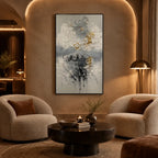 Wabi-Sabi abstract oil painting showing layered abstract marks, texture and expressive painterly movement in a grey palette.