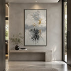 Wabi-Sabi abstract oil painting showing layered abstract marks, texture and expressive painterly movement in a grey palette.