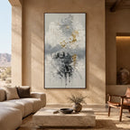 Wabi-Sabi abstract oil painting showing layered abstract marks, texture and expressive painterly movement in a grey palette.