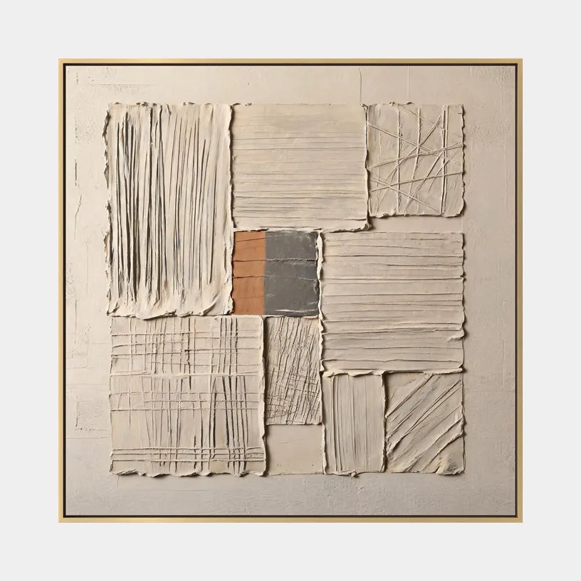Wabi-Sabi abstract oil painting showing layered abstract marks, texture and expressive painterly movement in a brown palette.