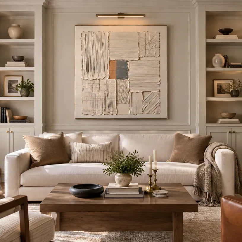 Wabi-Sabi abstract oil painting showing layered abstract marks, texture and expressive painterly movement in a brown palette.