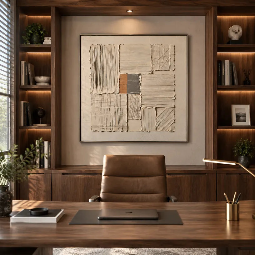 Wabi-Sabi abstract oil painting showing layered abstract marks, texture and expressive painterly movement in a brown palette.