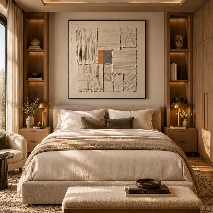 Wabi-Sabi abstract oil painting showing layered abstract marks, texture and expressive painterly movement in a brown palette.