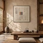 Wabi-Sabi abstract oil painting showing layered abstract marks, texture and expressive painterly movement in a brown palette.