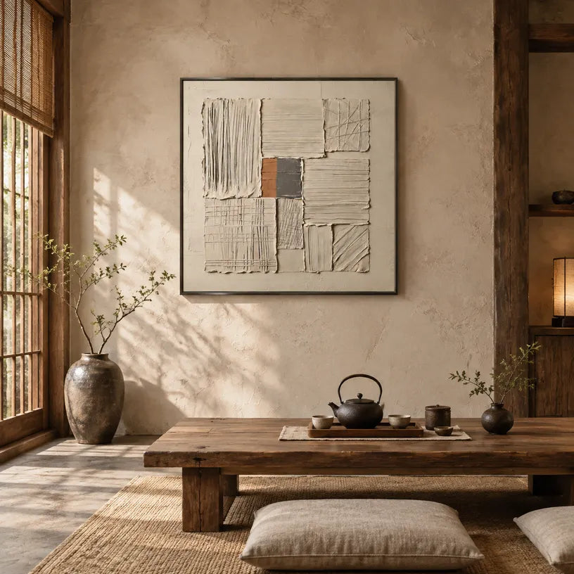 Wabi-Sabi abstract oil painting showing layered abstract marks, texture and expressive painterly movement in a brown palette.