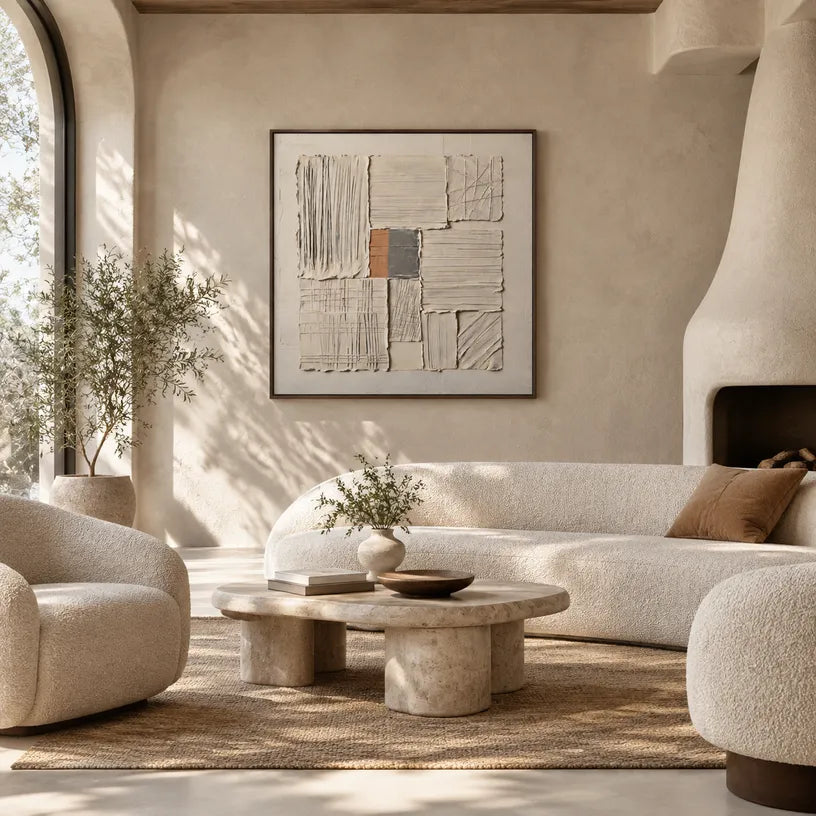Wabi-Sabi abstract oil painting showing layered abstract marks, texture and expressive painterly movement in a brown palette.