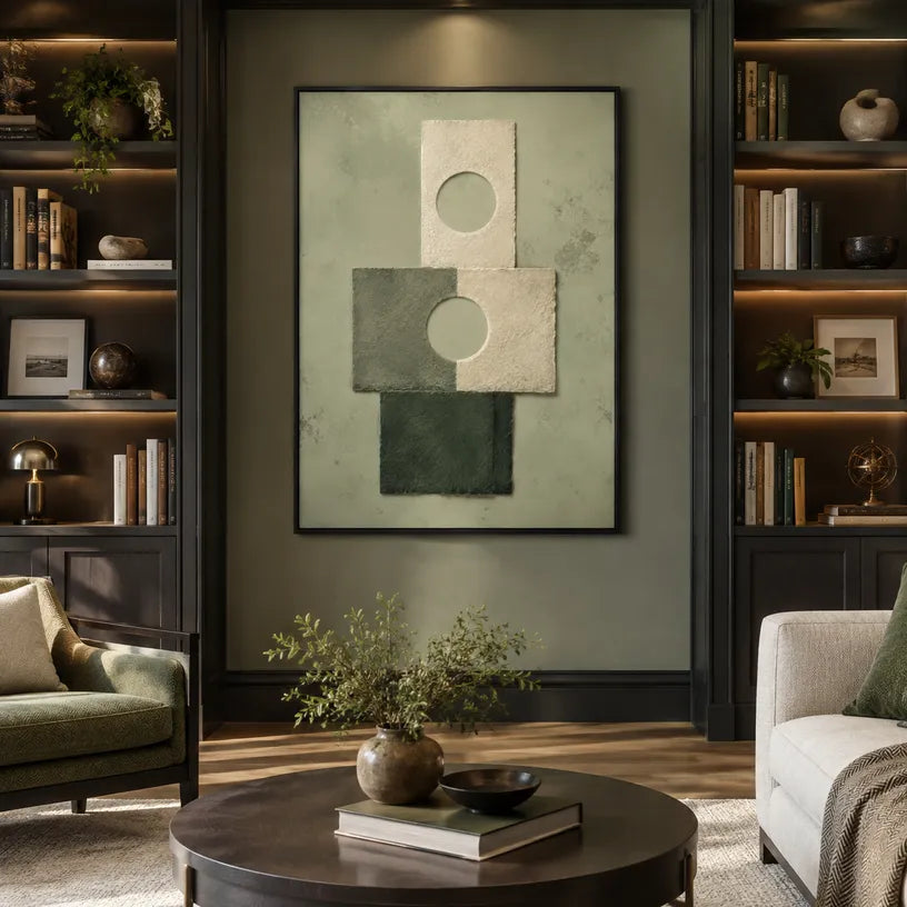 Wabi-Sabi abstract oil painting showing layered abstract marks, texture and expressive painterly movement in a yellow palette.