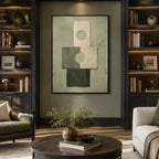 Wabi-Sabi abstract oil painting showing layered abstract marks, texture and expressive painterly movement in a yellow palette.