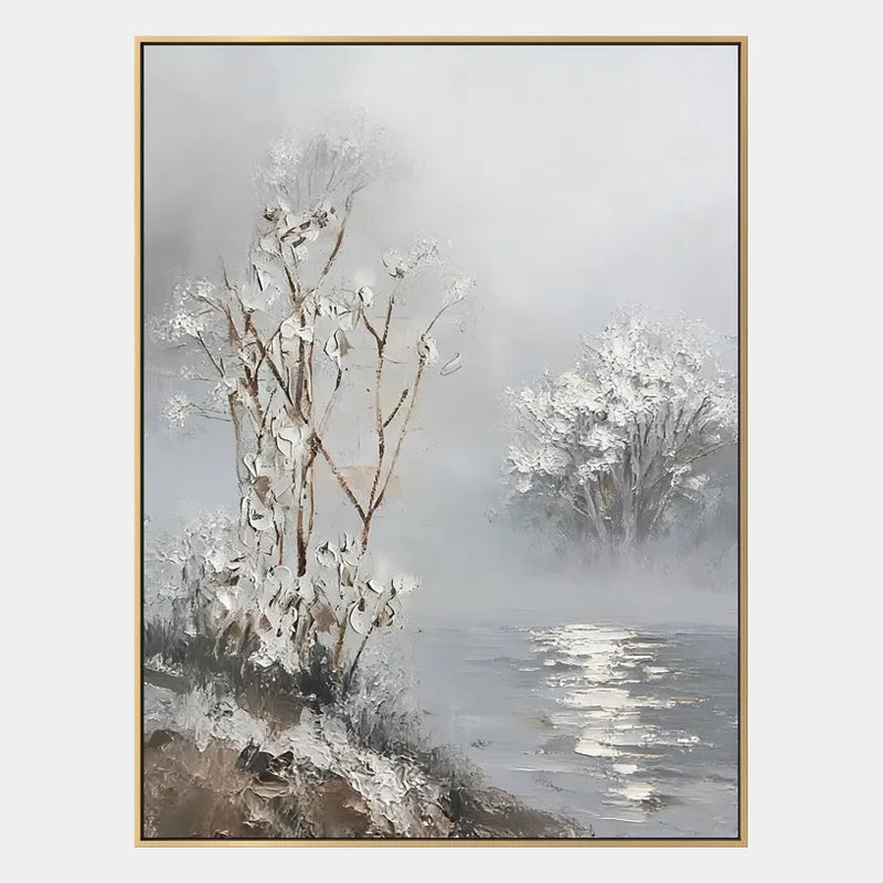 Pittura a olio di paesaggi Wabi-Sabi, paesaggi marini e paesaggi urbani con un paesaggio atmosferico, un paesaggio marino o una composizione ispirata alla città in una tavolozza di grigi.