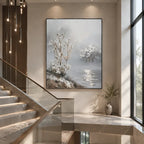 Wabi-Sabi abstract oil painting showing layered abstract marks, texture and expressive painterly movement in a grey palette.