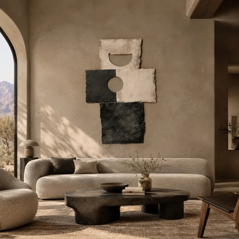 Wabi-Sabi abstract oil painting showing layered abstract marks, texture and expressive painterly movement in a brown palette.